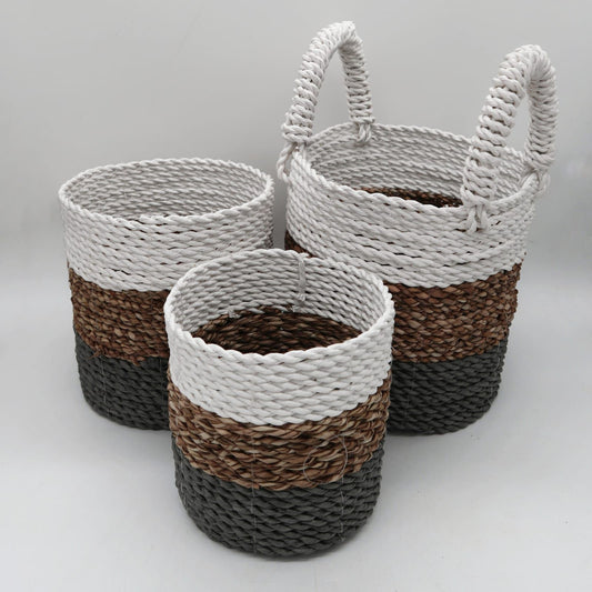 Seagrass basket set grey & natural white – woven eco-friendly storage baskets for boho home organisation
