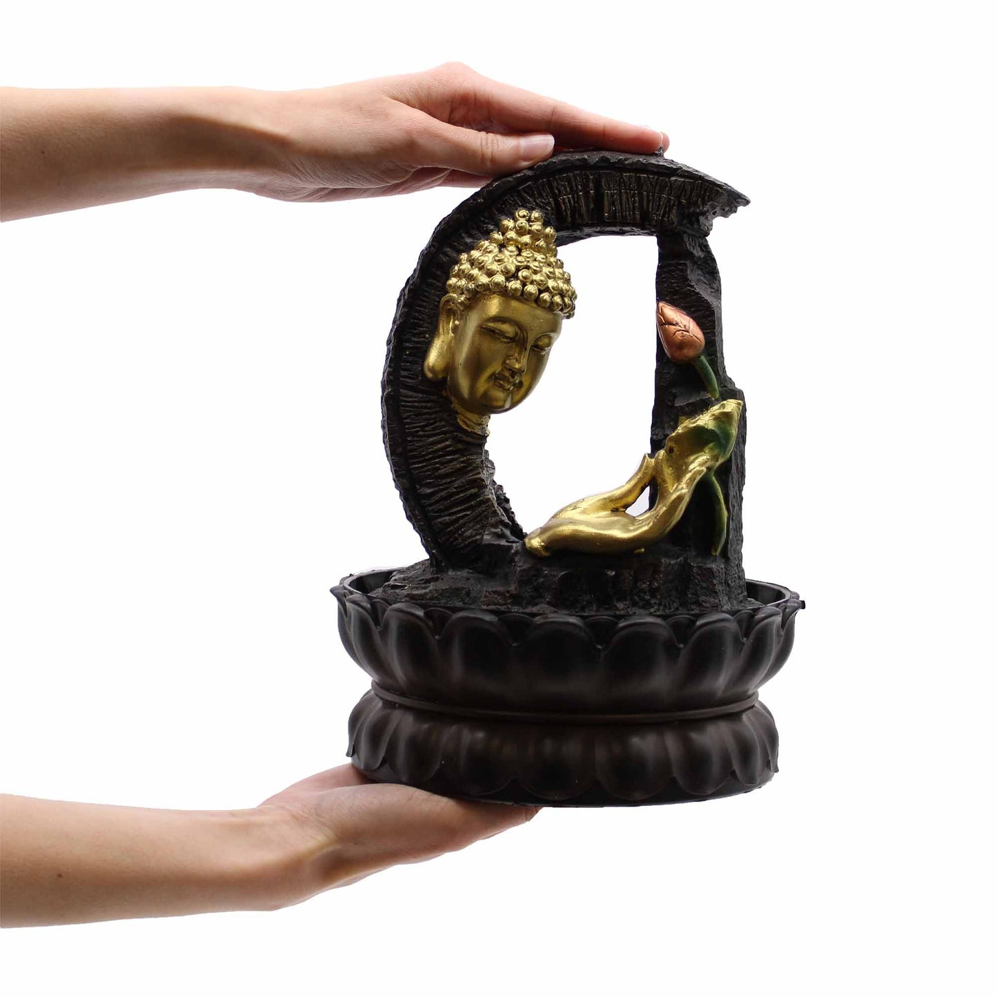 Golden Buddha lotus tabletop water feature with flowing water
