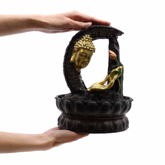 Golden Buddha lotus tabletop water feature with flowing water