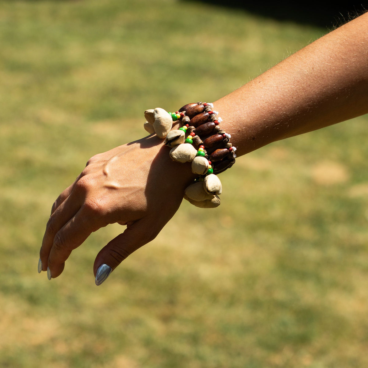 Kenari shell hand shaker rattle bracelet with 15 natural shells for wearable percussion and rhythm work