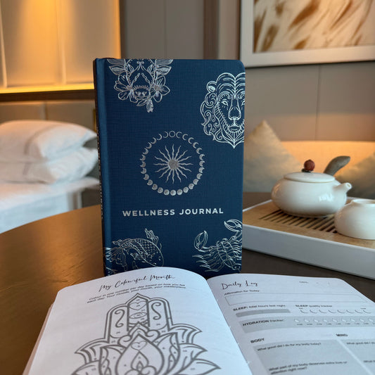 Midnight blue wellness journal with silver zodiac signs, moon, stars and celestial detailing on the cover