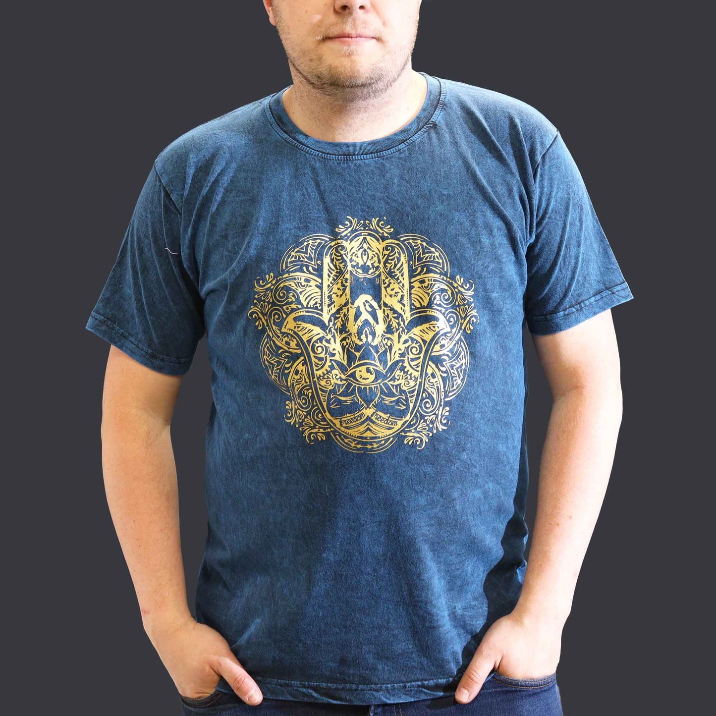 XLarge stone washed blue Hamsa spiritual t-shirt