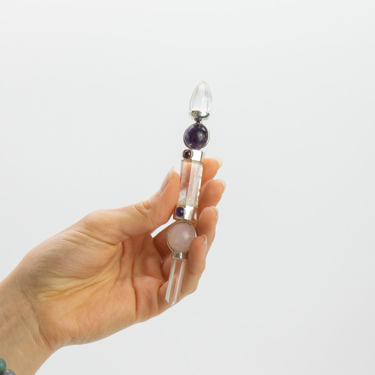 Celestial Prism Wand - Amethyst Moving Crystal Sphere Quartz Stem - 12cm