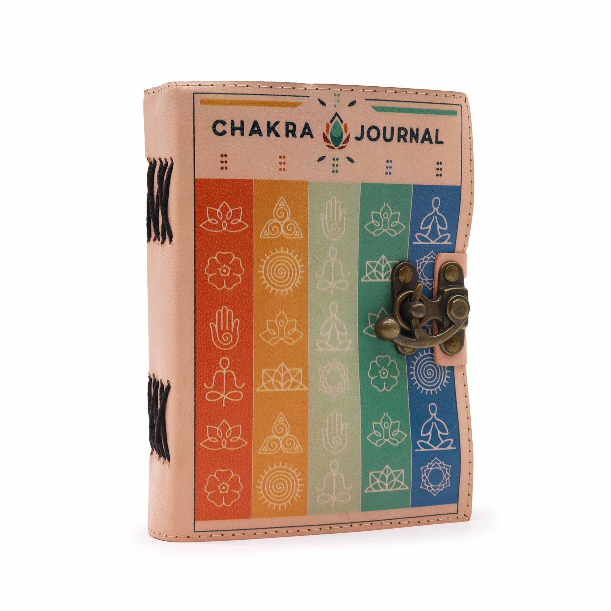 Seven Chakra Colours Leather Notebook – deckle edge journal with embossed chakra symbols and clasp closure