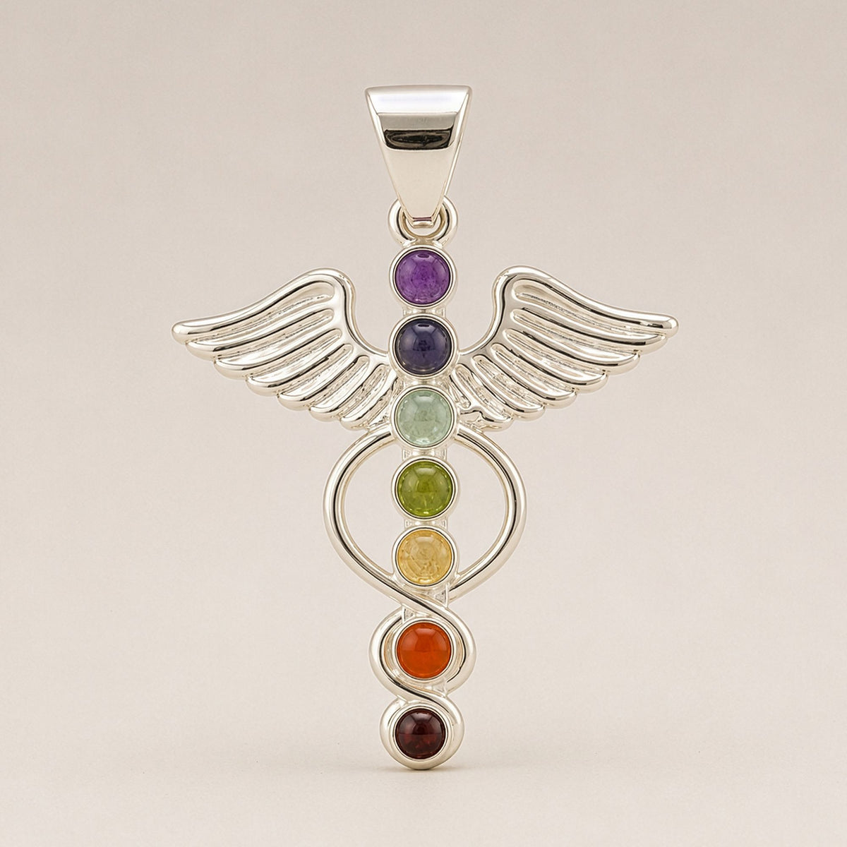 Silver plated Angel Chakra pendant with seven multicoloured chakra accents and 45cm black cord for spiritual jewellery UK