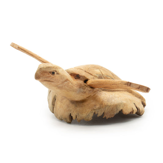 Handmade parasite wood rising sea turtle carving with detailed shell for coastal home décor UK