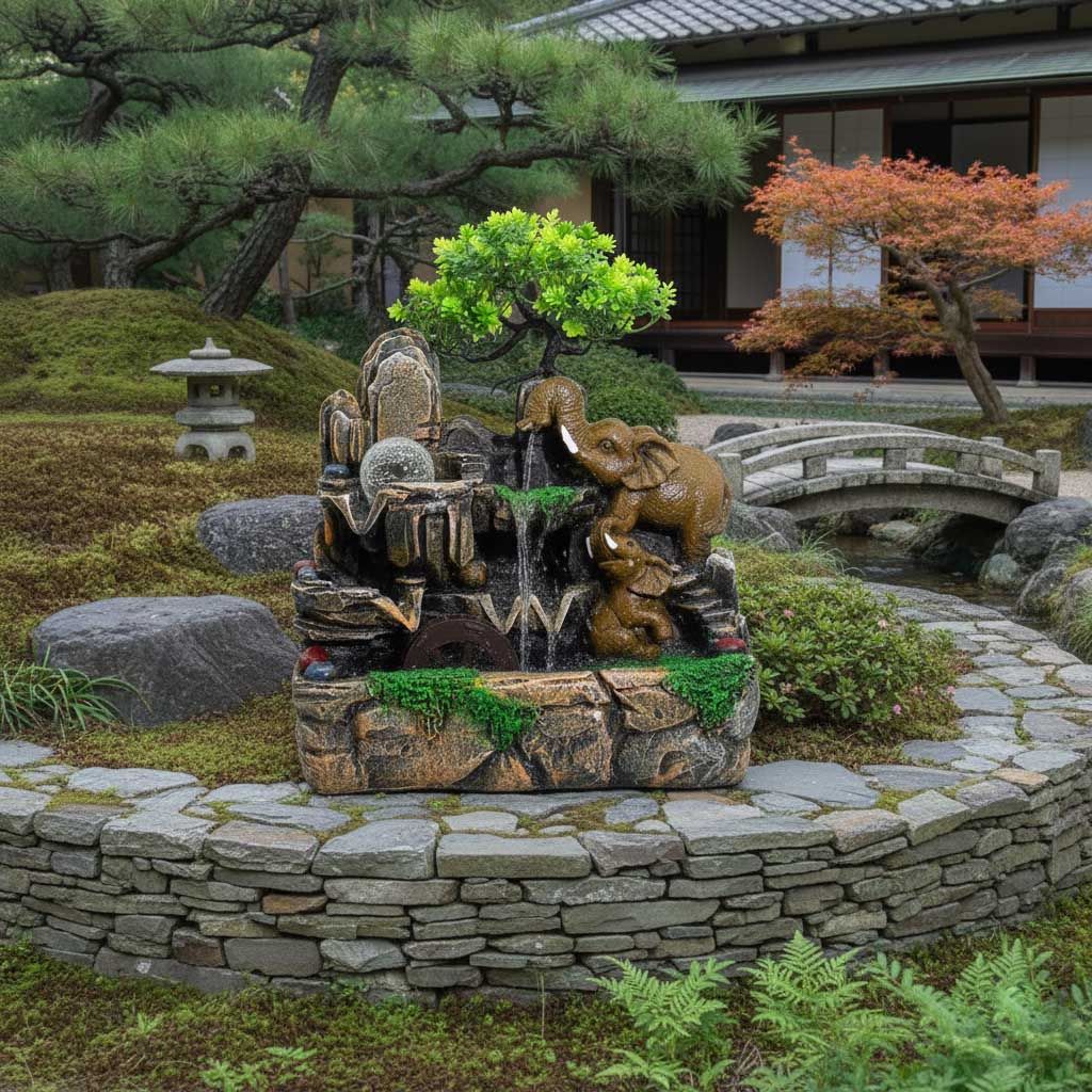 Elephants in Love Tabletop Water Feature with Crystal Ball, Light & Watermill