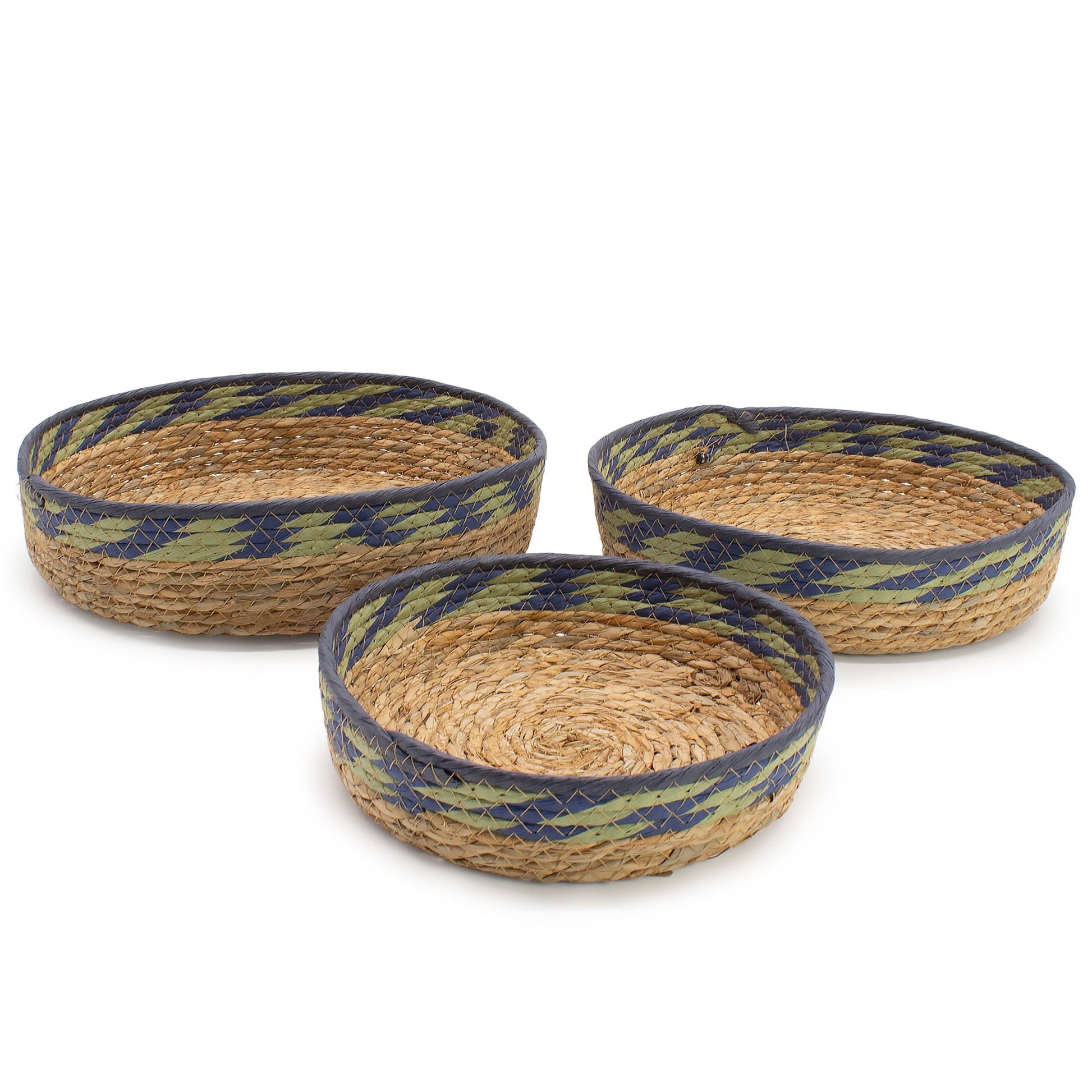 Straw seagrass tray baskets natural, green & blue – woven eco-friendly tray baskets for boho home organisation