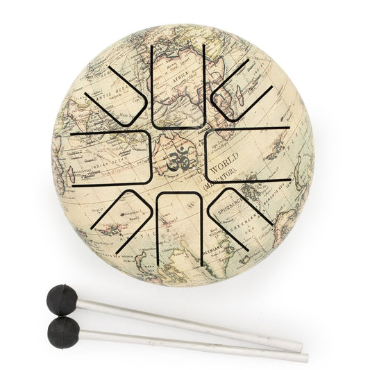 Low-medium Atlas HAPI steel tongue drum with vintage world map design, two mallets and protective carry bag