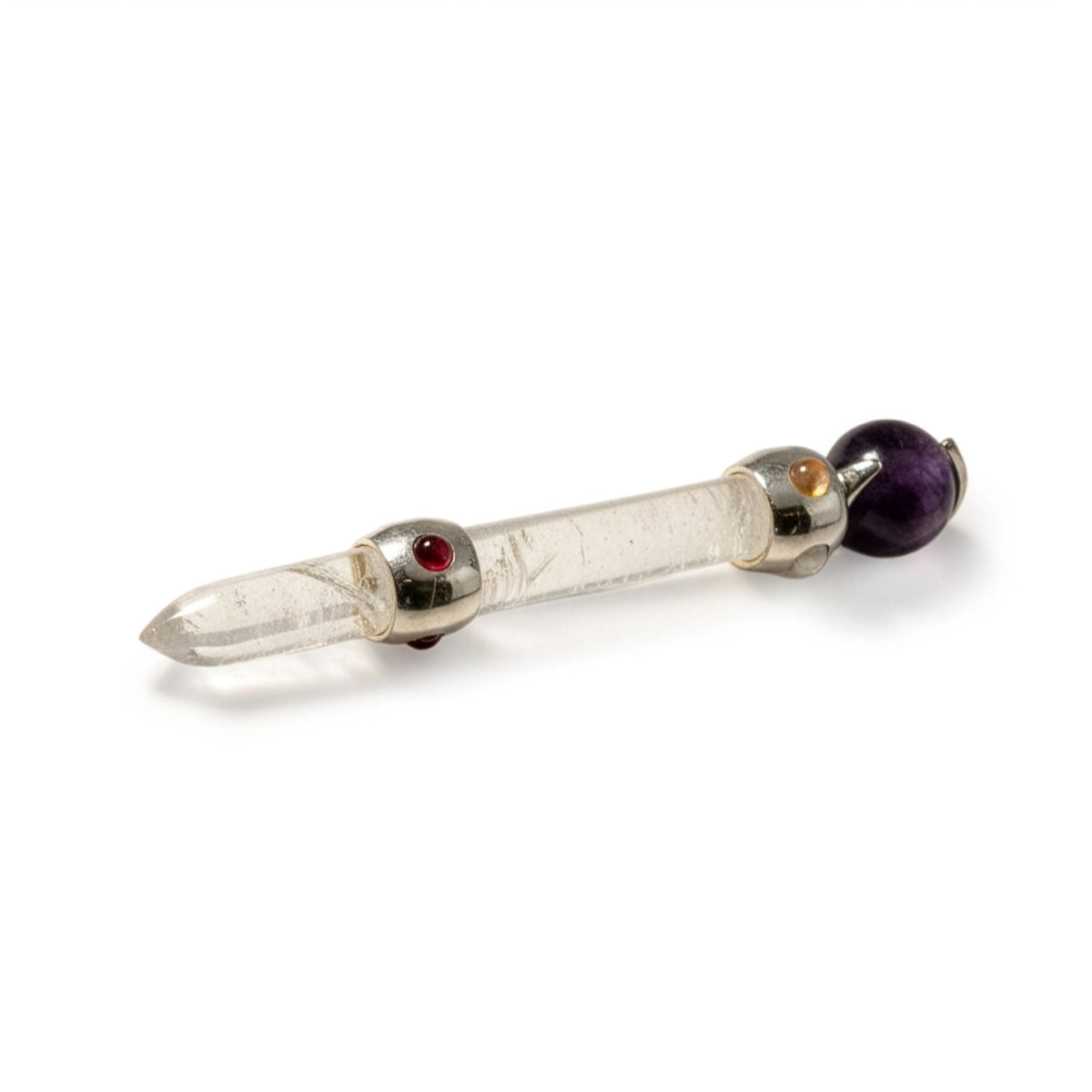 Axis of Grace 12cm crystal wand with clear quartz stem and polished amethyst and rose quartz spheres