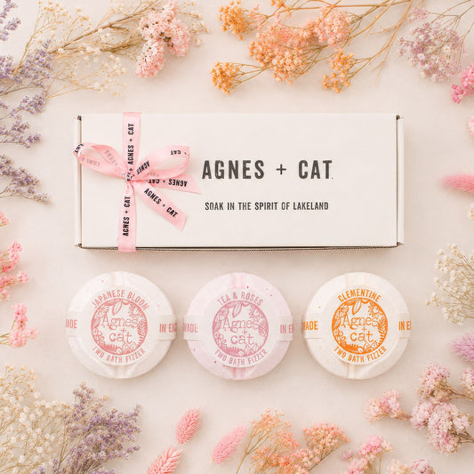 Agnes + Cat Floral Citrus Bath Fizzer Gift Set handmade in the UK with floral and citrus scented bath fizzers.