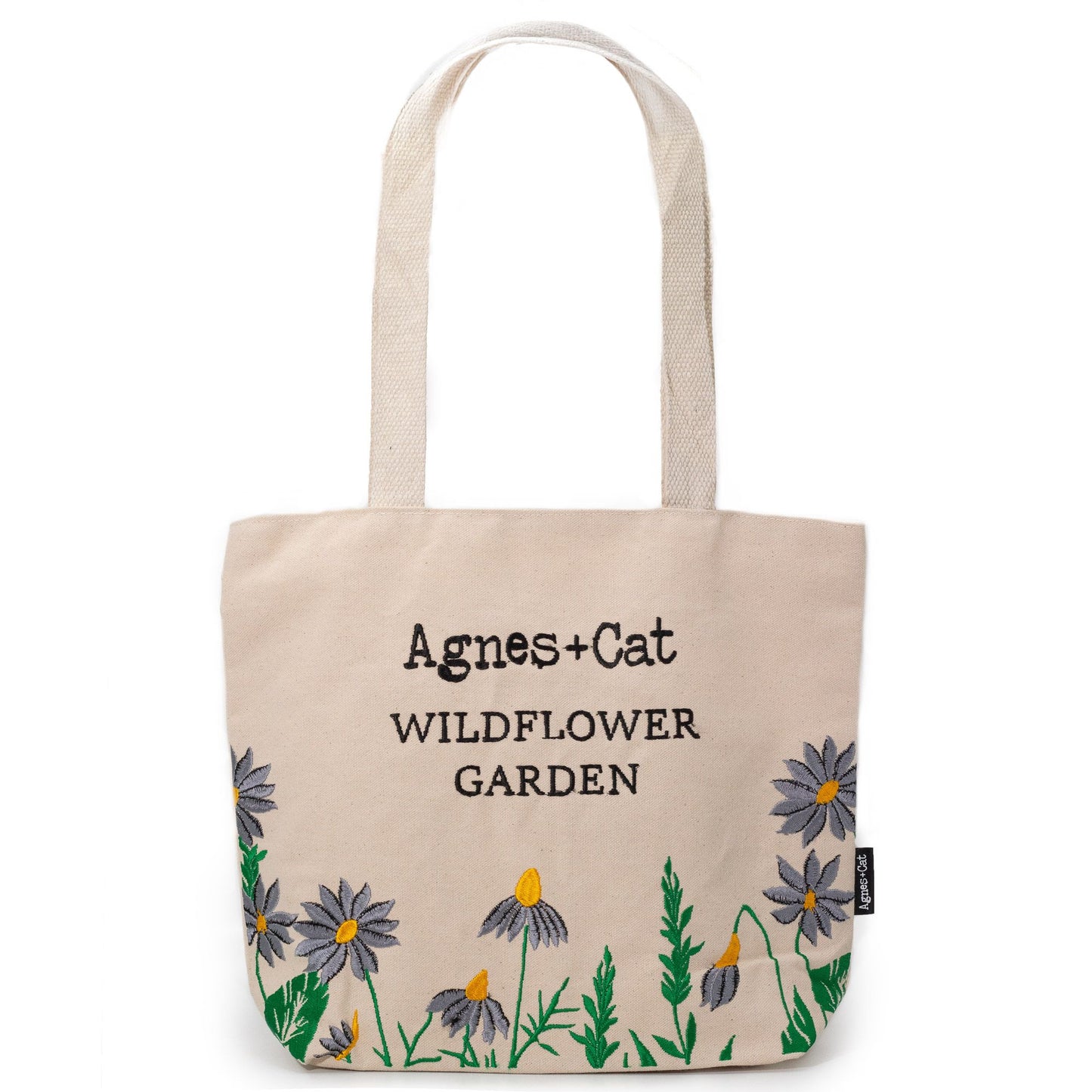 Agnes and Cat wildflower garden tote bag purple flowers embroidered cotton botanical design