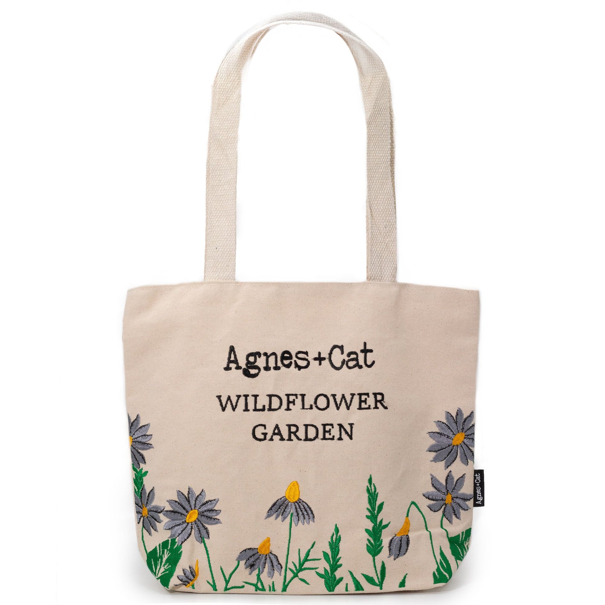 Agnes and Cat wildflower garden tote bag purple flowers embroidered cotton botanical design