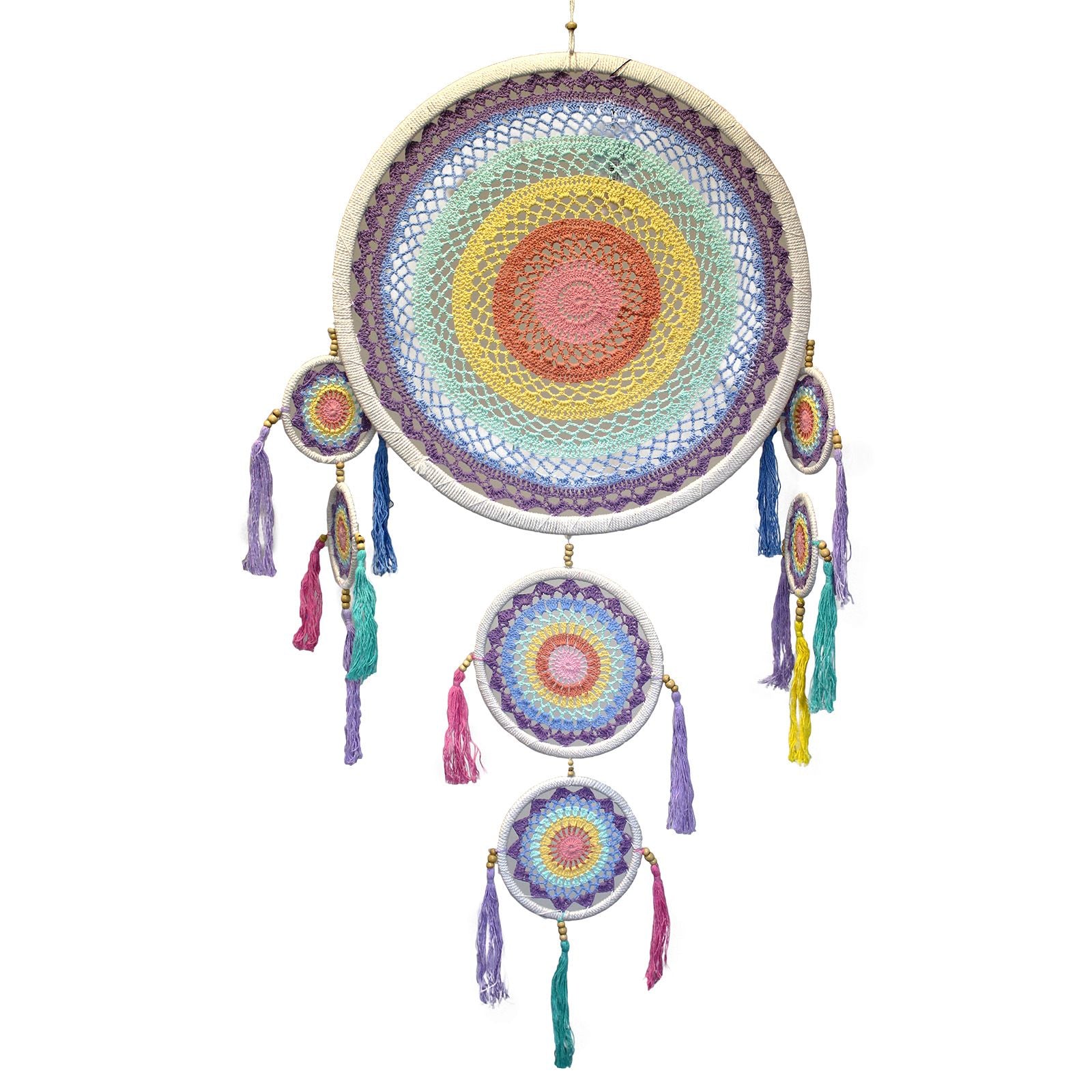 Large Dreamcatcher Pastel Rainbow – handcrafted Balinese payung-inspired dreamcatcher wall hanging, approx. 52cm with handle