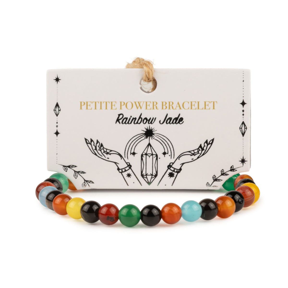 Petite simulated Rainbow Jade Power Bracelet with polished 6mm multicoloured beads and 17cm elastic stretch fit for slimmer wrists UK