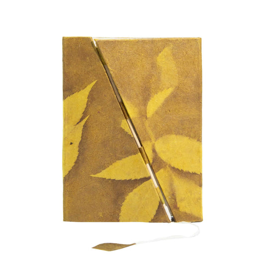 Bold Floral Lokta Journal medium mustard brown handmade paper with bamboo lock closure