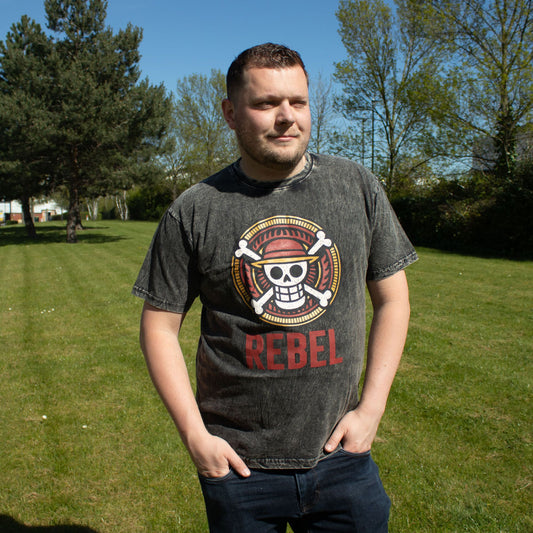 XL Nomad Sari Stonewashed Cotton T-Shirt in charcoal with Rebel design on soft double stonewashed cotton.