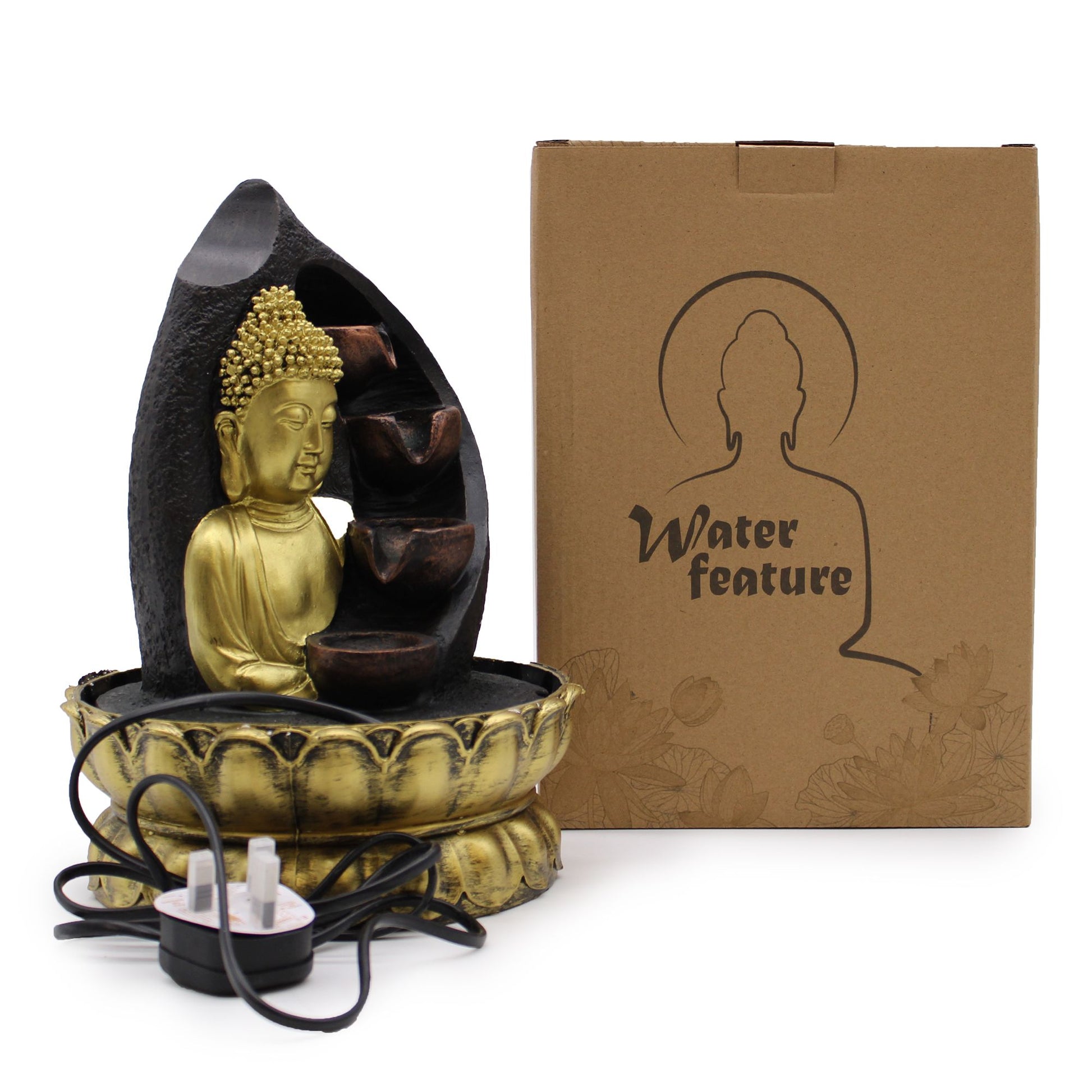 Golden Buddha pouring pots tabletop water feature with gentle flowing water
