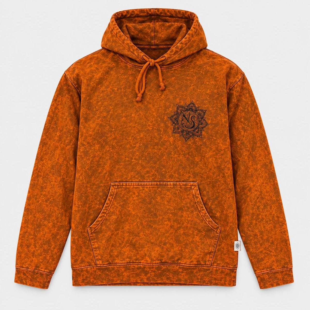 Small burnt orange stone washed cotton hoodie shirt with kangaroo pocket and black Nomad Sari chest motif for boho clothing UK