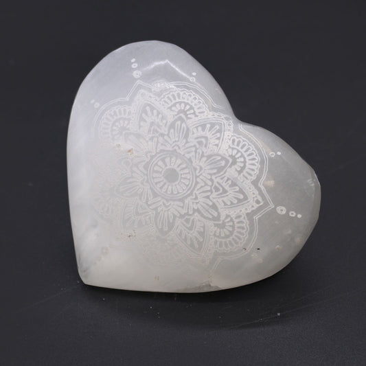 Selenite Heart - Mandala Engraved Medium – polished selenite crystal heart for energy cleansing, altar décor and meditation UK