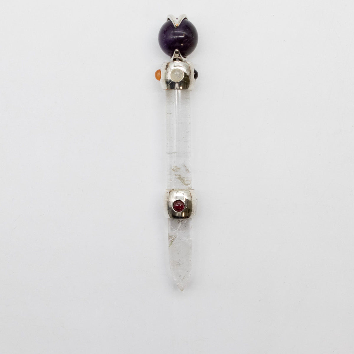 Axis of Grace Wand - Amethyst & Rose Quartz Spheres, Quartz Stem - 12cm