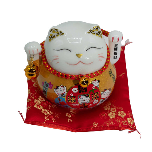 Ceramic money cat moving hand gold on cushion Maneki Neko for wealth and continuous energy