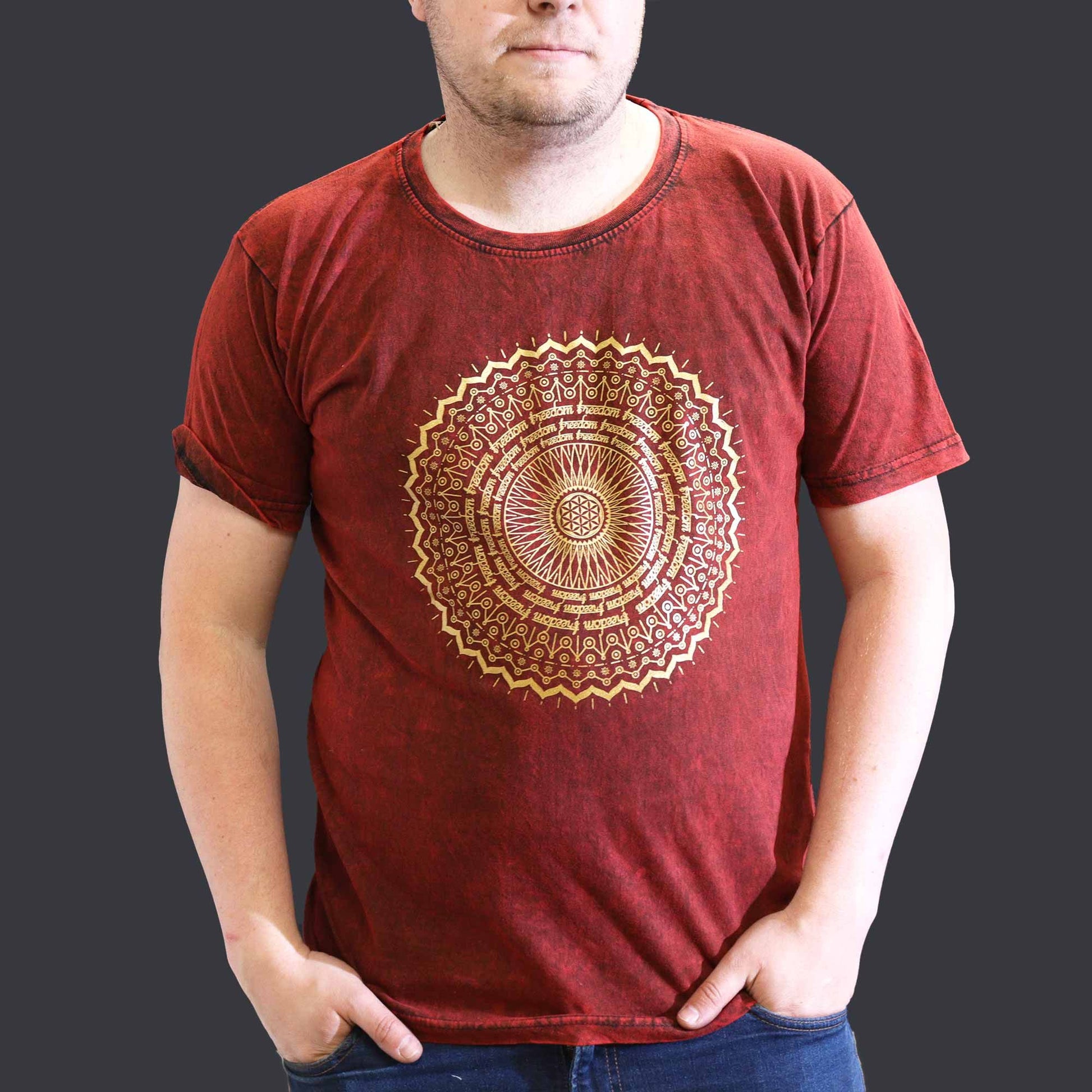 XLarge stone washed maroon mandala spiritual t-shirt
