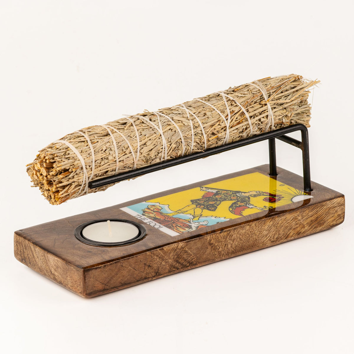 Large enamelled sage stick heater featuring The Fool tarot design for warming sage bundles during spiritual rituals UK