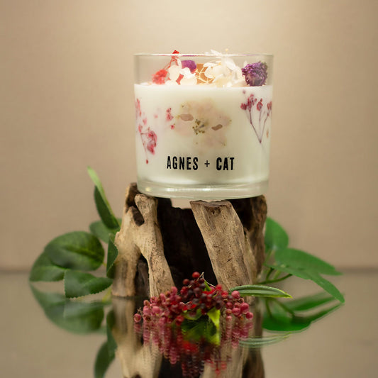 Agnes + Cat Roses of Sawrey Soy Candle – botanical floral soy wax candle with dried flowers and wooden wick