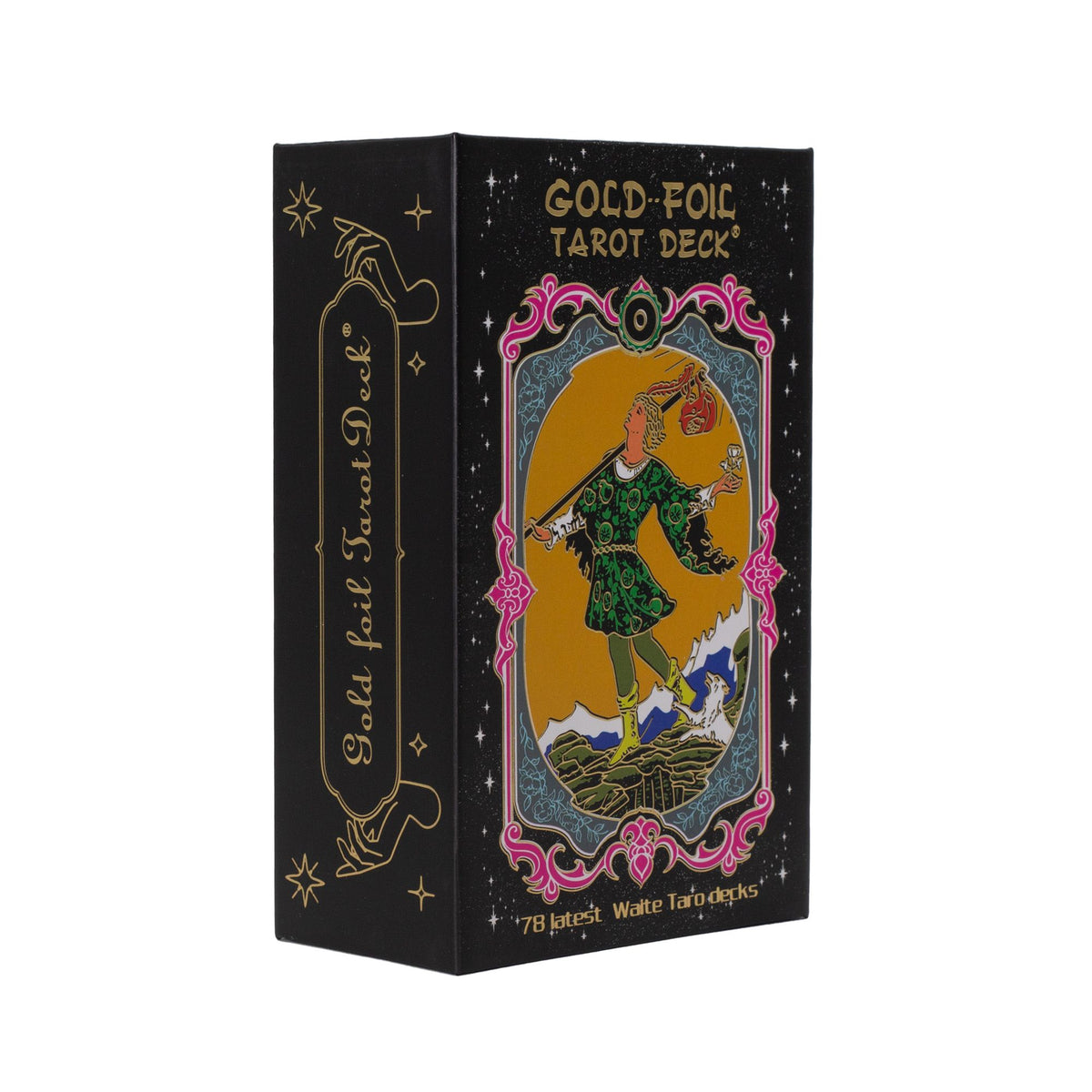 Gold foil tarot card set with black illustrated cards, guidebook and matching storage box