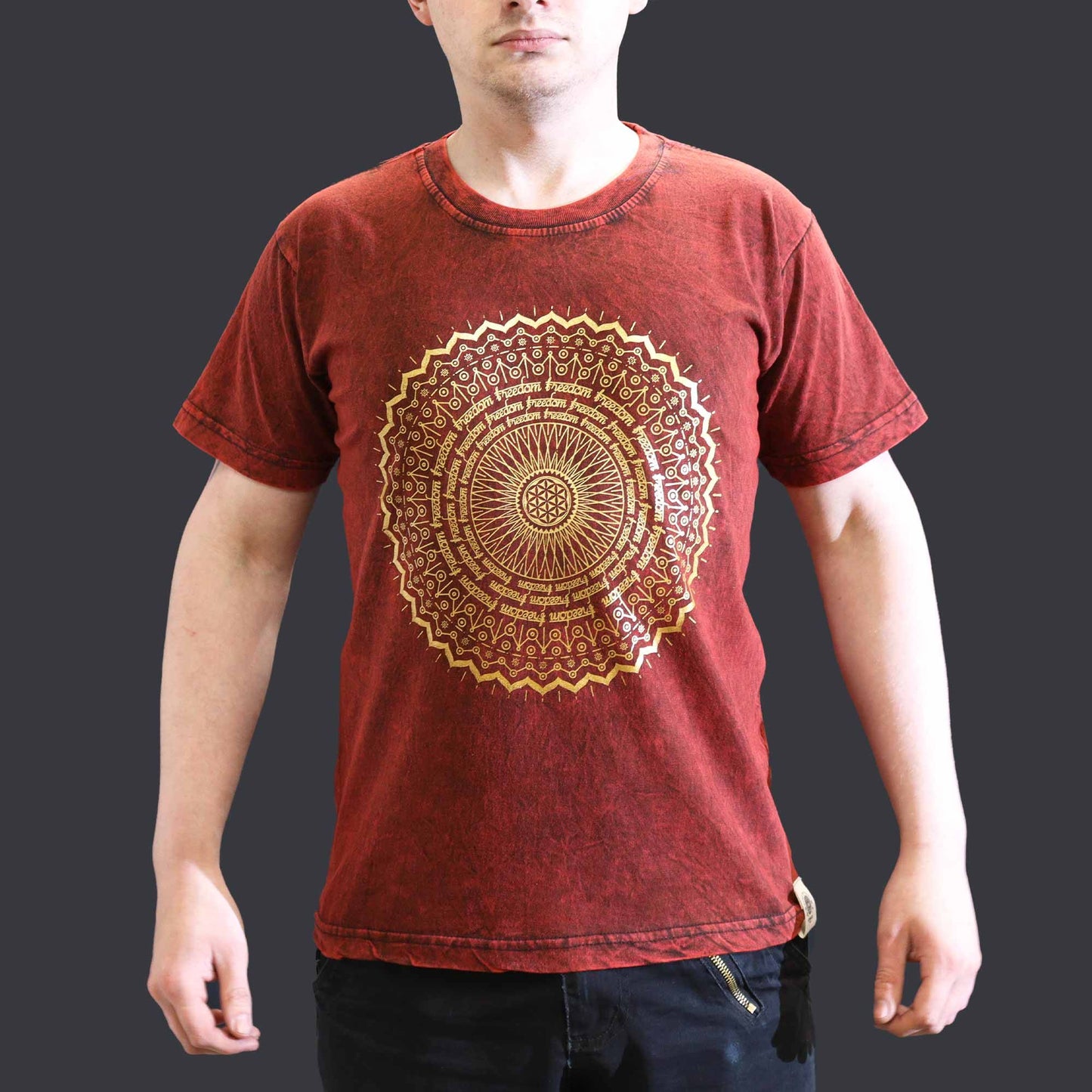 Small stone washed maroon mandala spiritual t-shirt