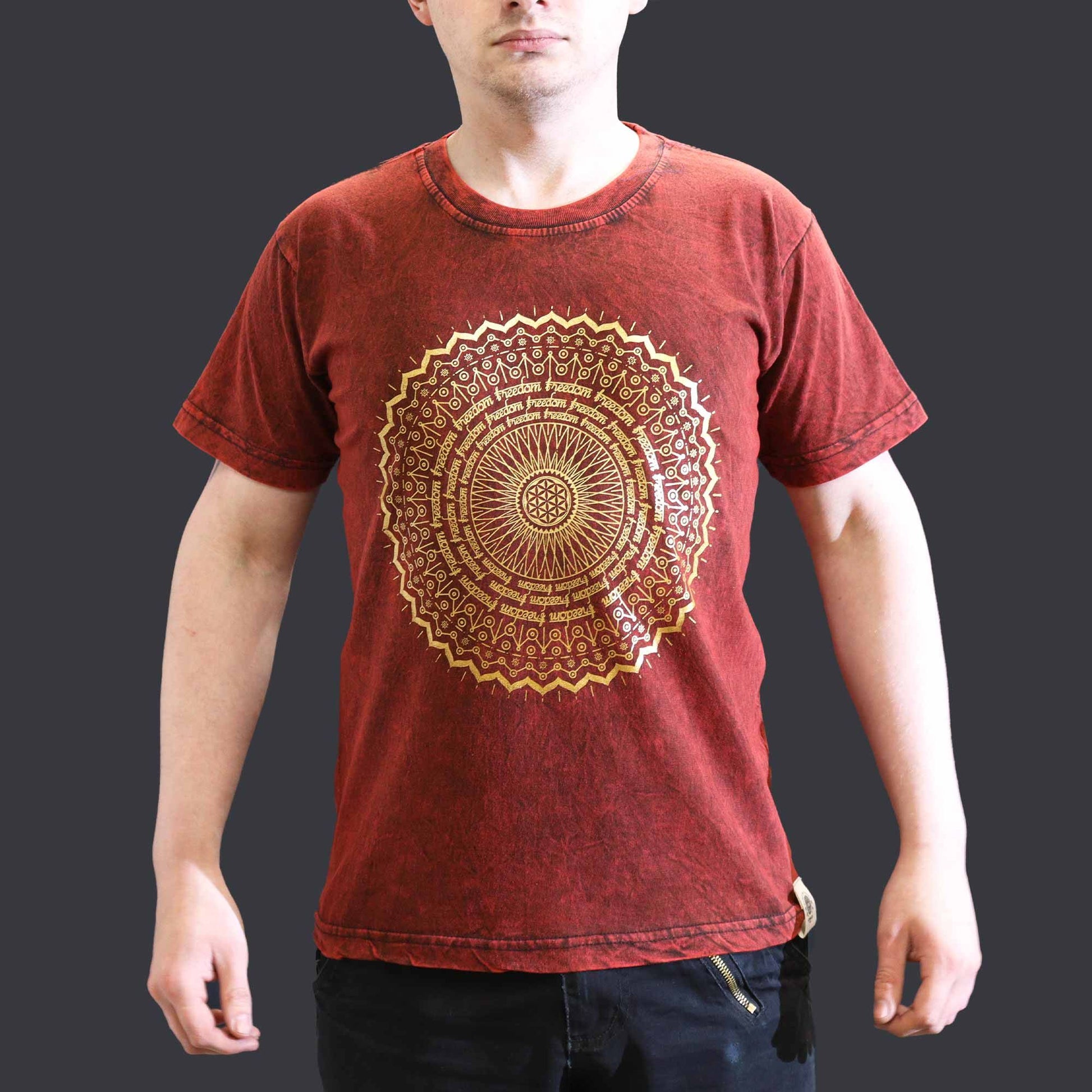 Small stone washed maroon mandala spiritual t-shirt