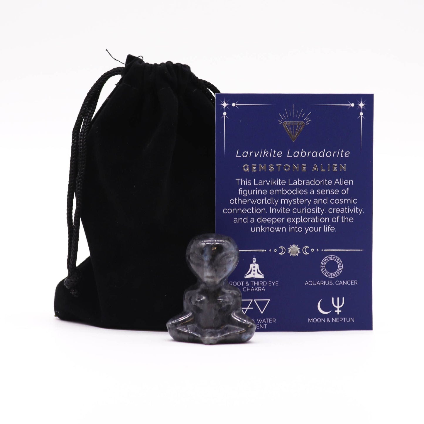Gemstone Alien – hand-carved Larvikite Labradorite crystal figure with dark base and silvery flash for décor and spiritual focus