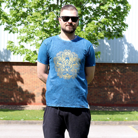 Small stone washed blue Hamsa spiritual t-shirt