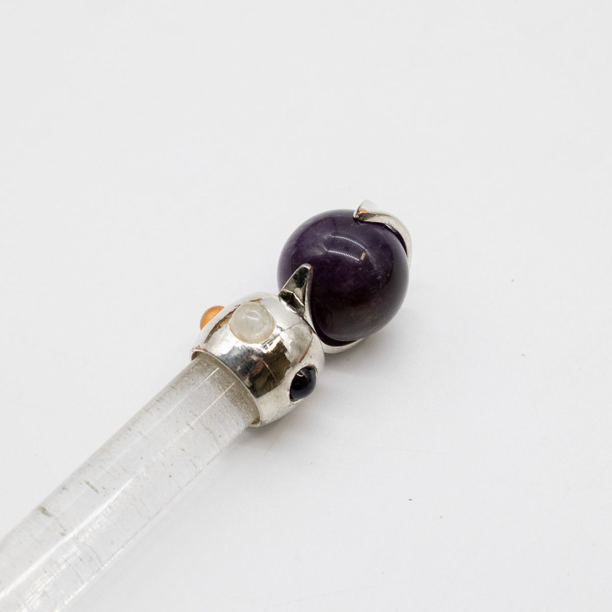 Axis of Grace Wand - Amethyst & Rose Quartz Spheres, Quartz Stem - 12cm