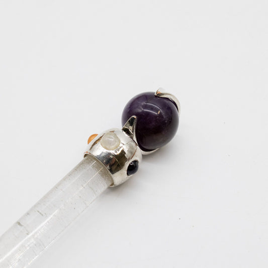 Axis of Grace Wand - Amethyst & Rose Quartz Spheres, Quartz Stem - 12cm