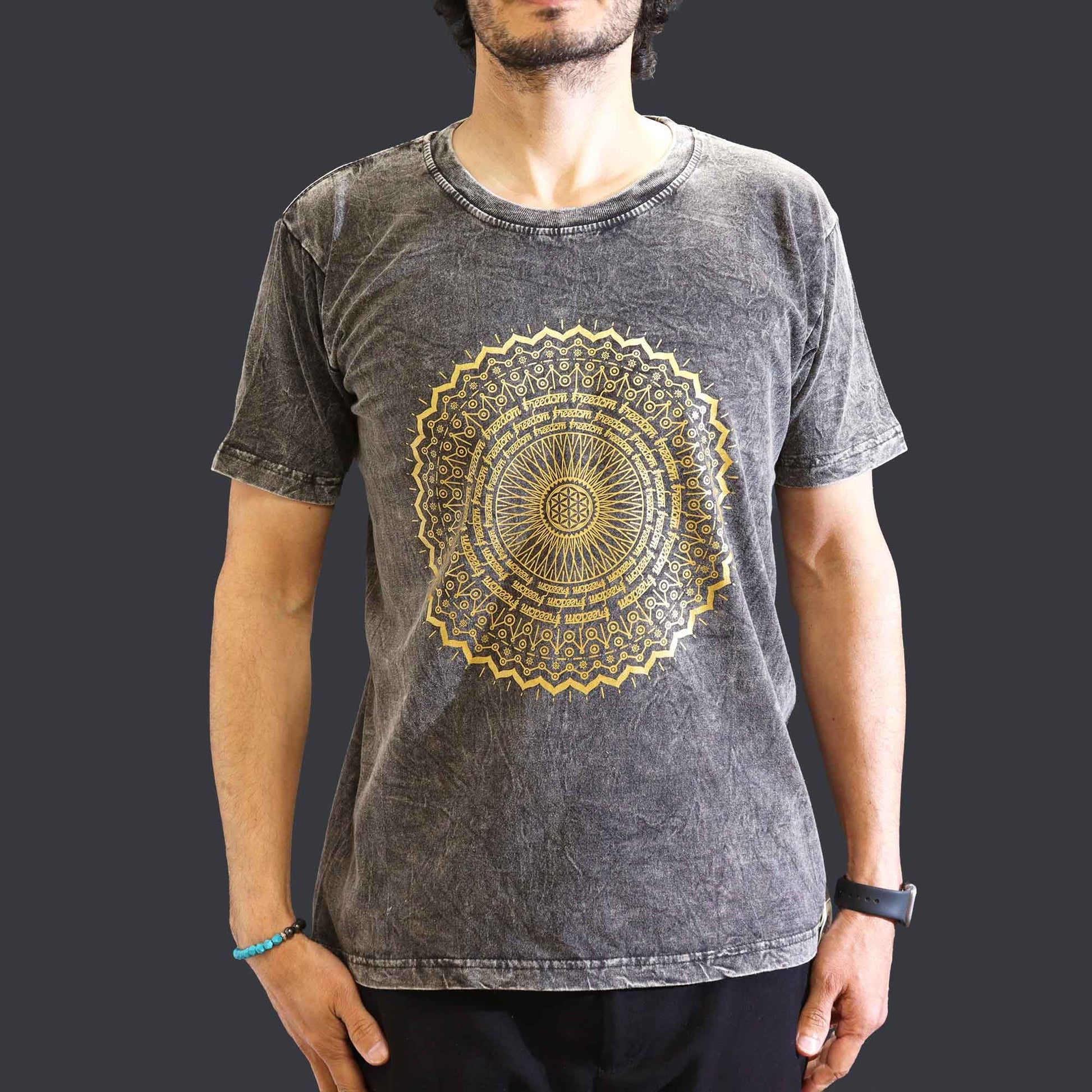 Medium stone washed dark grey mandala spiritual t-shirt