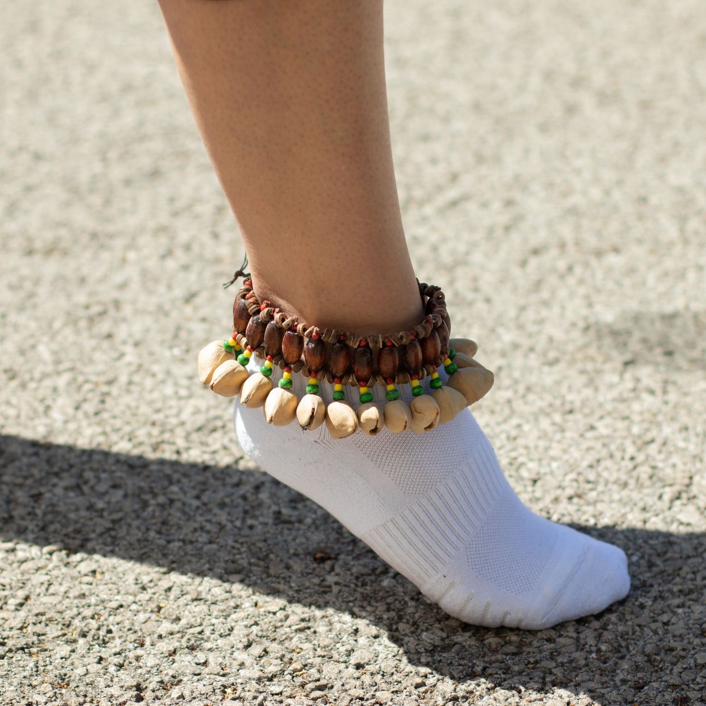 Kenari Shell Ankle Shaker Rattle Bracelet with 20 natural Kenari nut shells for dance, meditation and sound healing.