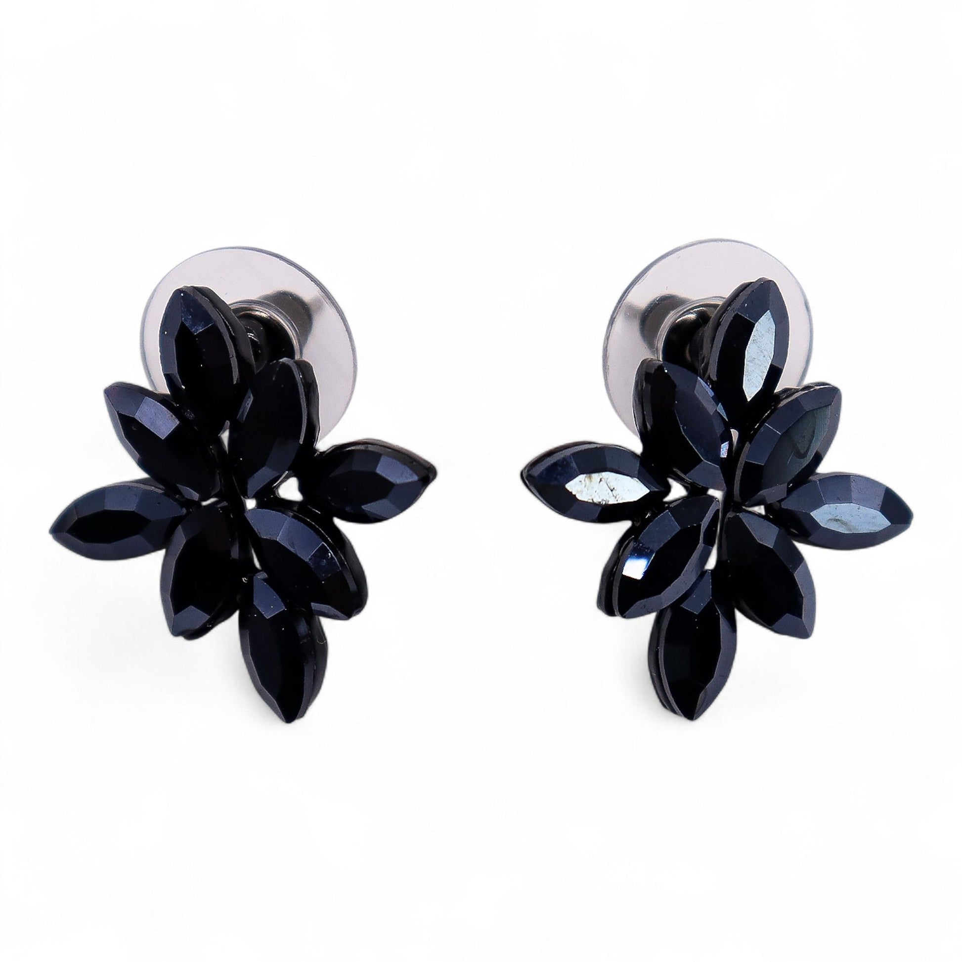 Jet black vintage glass flower earrings, lightweight boho jewellery UK
