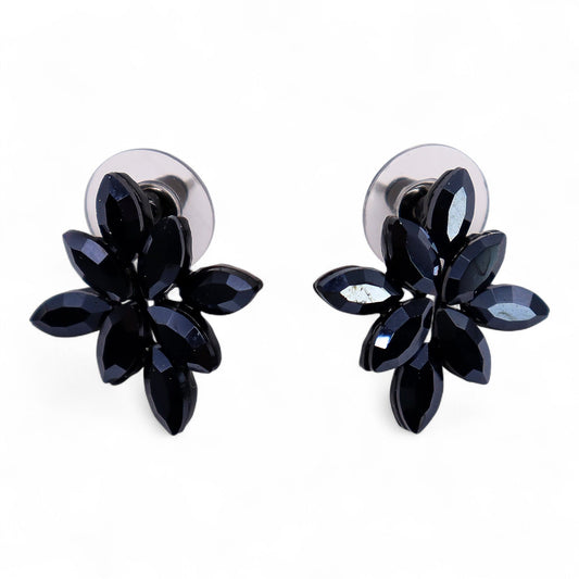 Jet black vintage glass flower earrings, lightweight boho jewellery UK