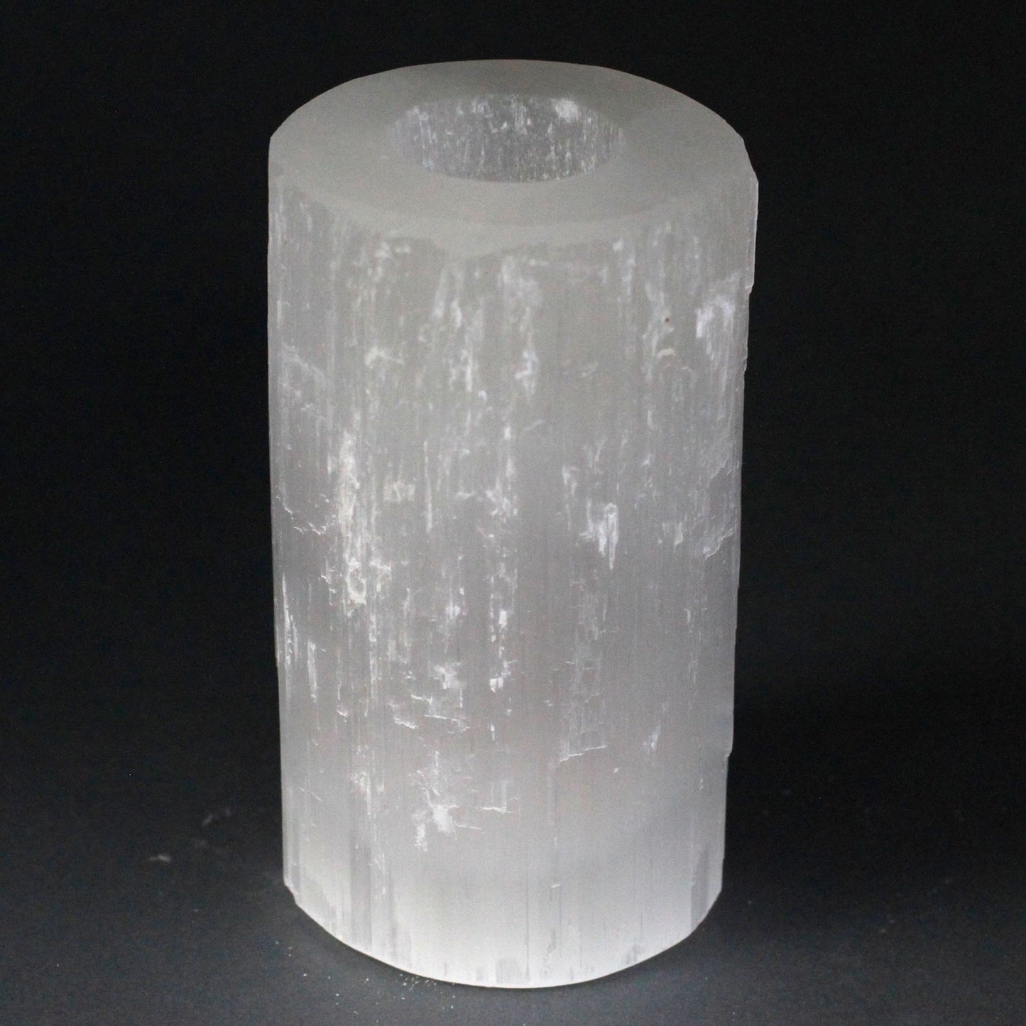 Selenite Cylinder Candle Holder Large 15 cm – tall selenite crystal candle holder for ambient light, space cleansing and spiritual ambience