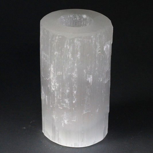 Selenite Cylinder Candle Holder Large 15 cm – tall selenite crystal candle holder for ambient light, space cleansing and spiritual ambience