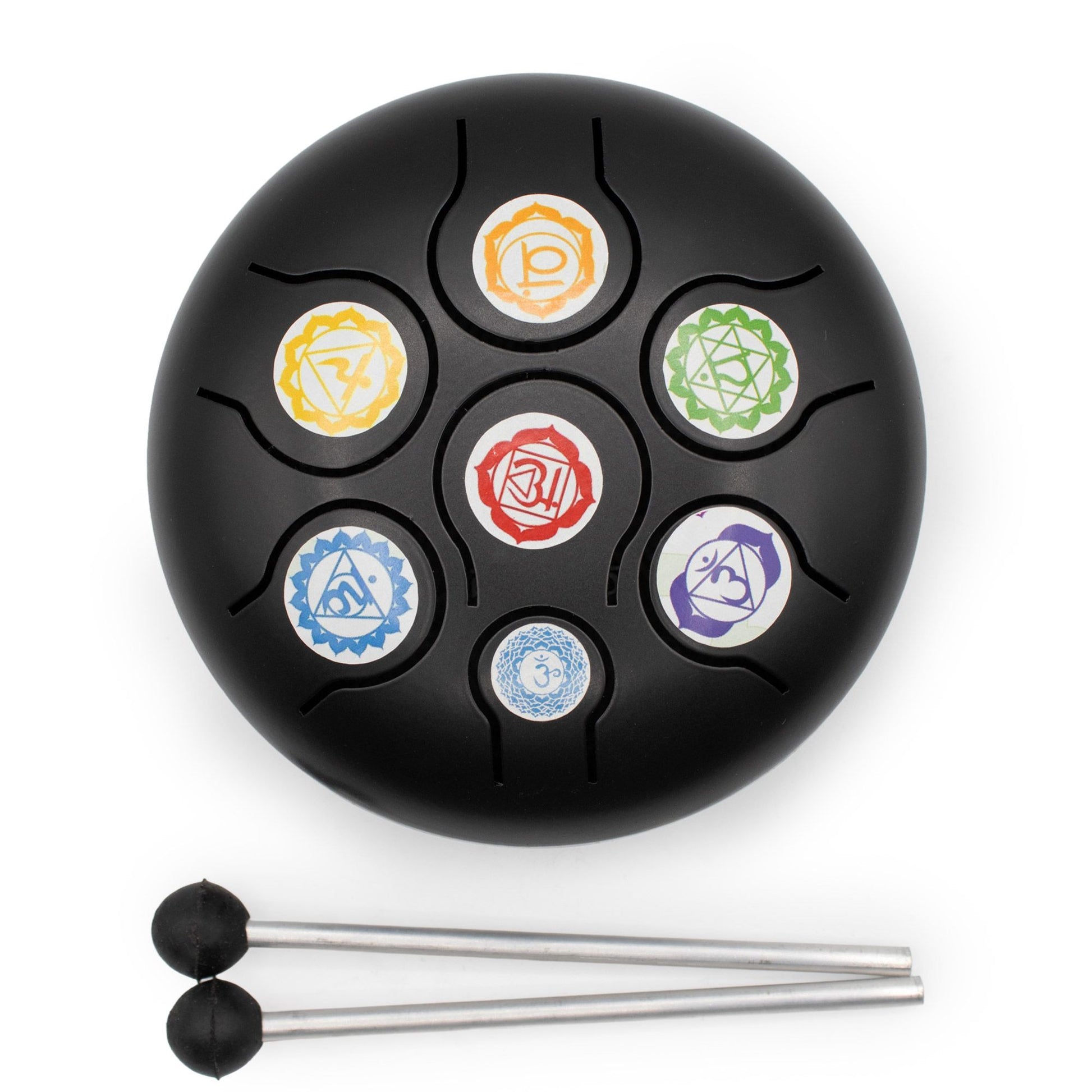 Low-medium black HAPI steel tongue drum with colourful chakra symbols, two rubber-tipped mallets and padded carry bag