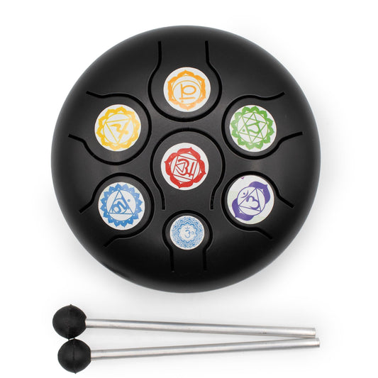 Low-medium black HAPI steel tongue drum with colourful chakra symbols, two rubber-tipped mallets and padded carry bag