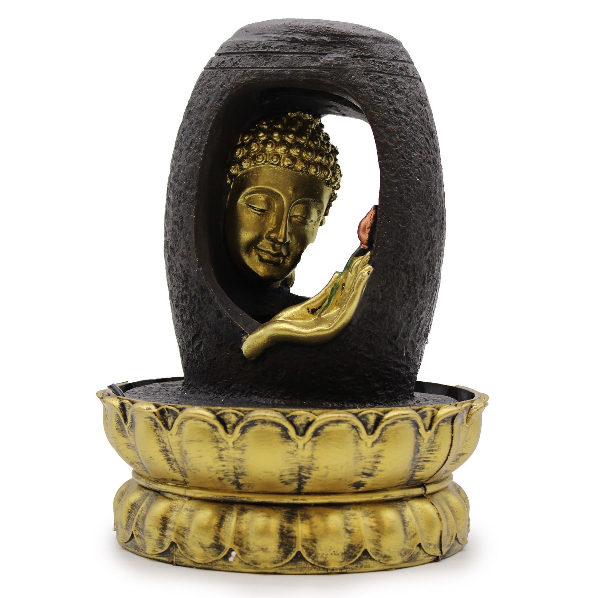 Golden Buddha Vitarka Mudra tabletop water feature with flowing water