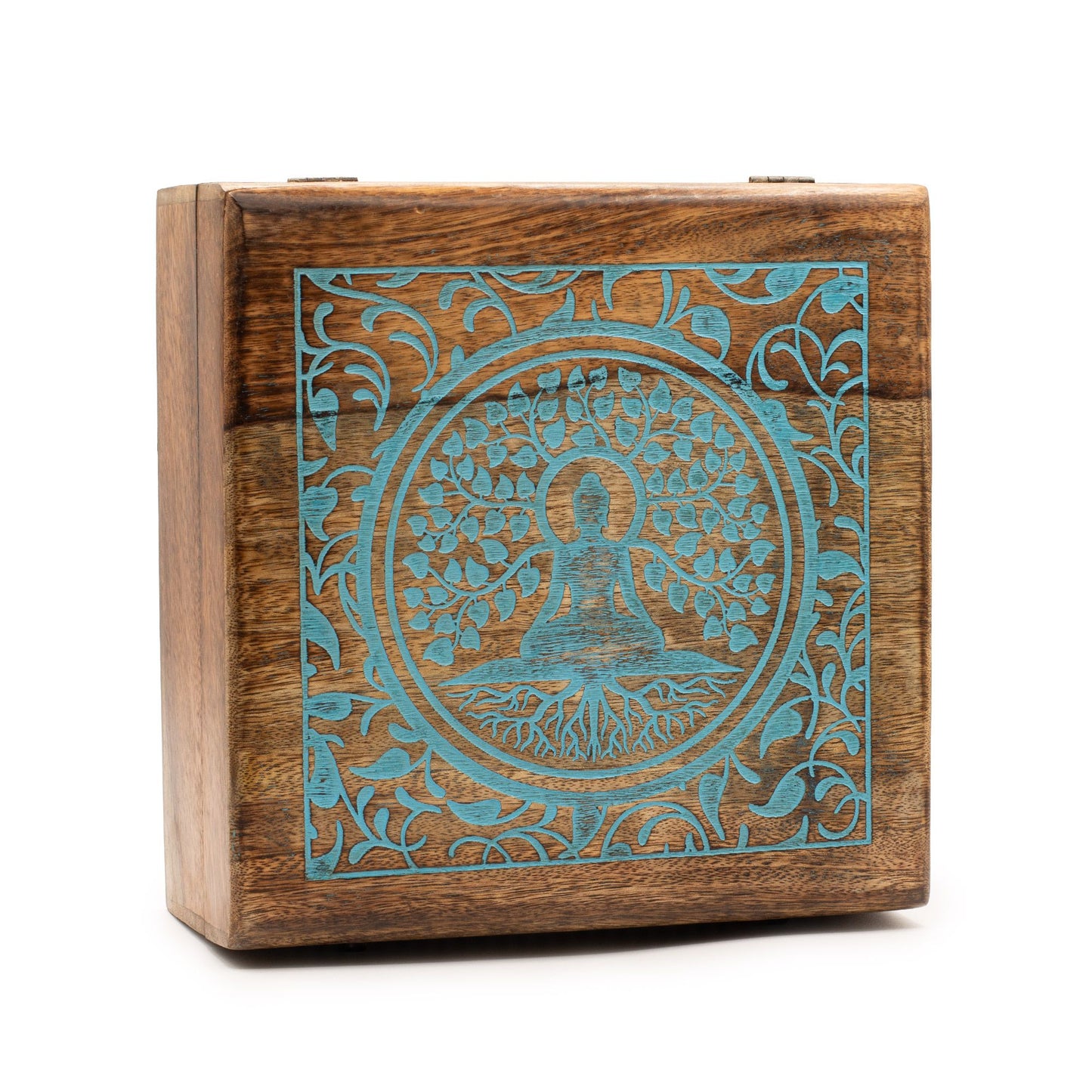 Extra large mango wood storage box hand carved with Buddha seated beneath the Bodhi Tree