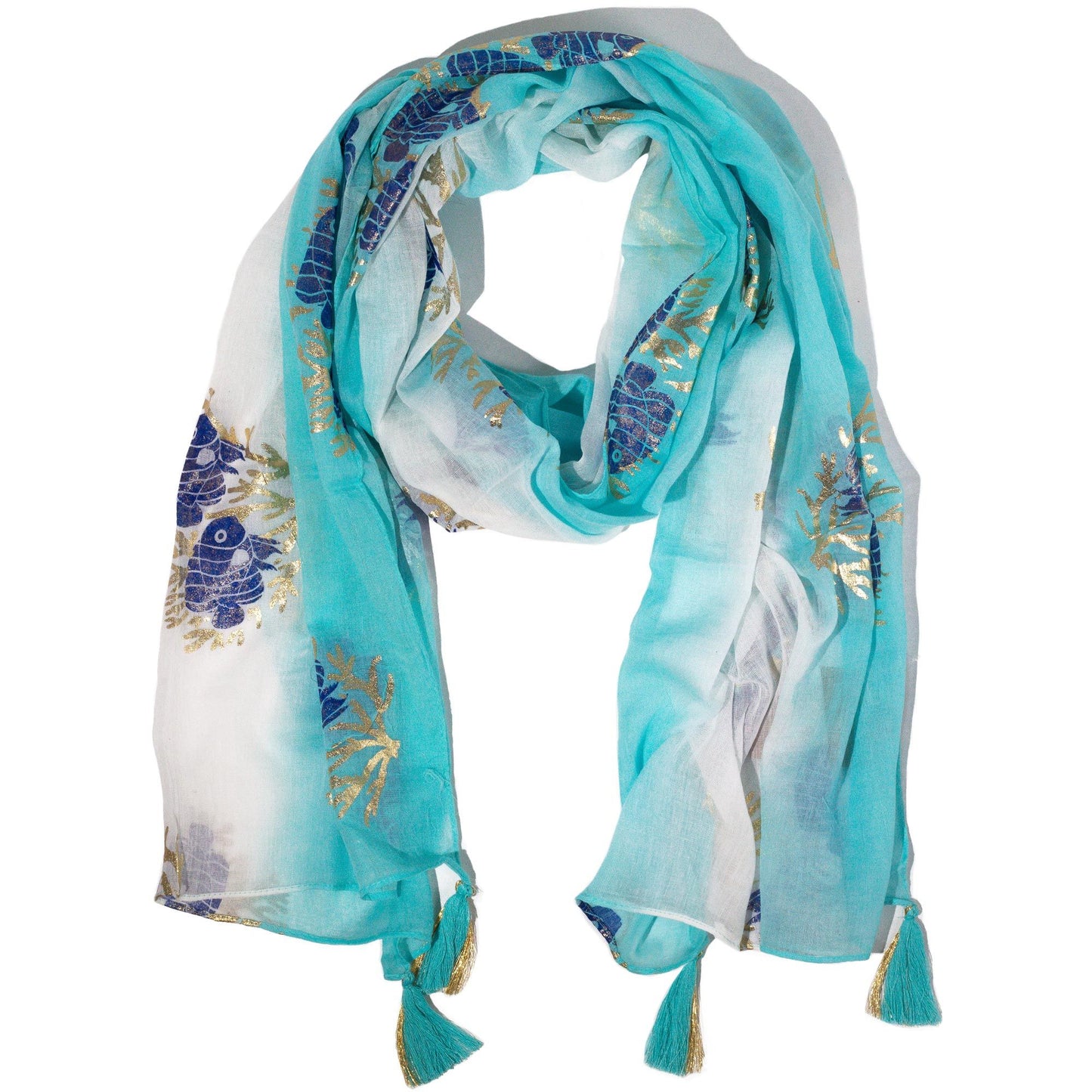 Nomad Sari Aqua Fish Scarf turquoise lightweight woven scarf with aqua fish motif