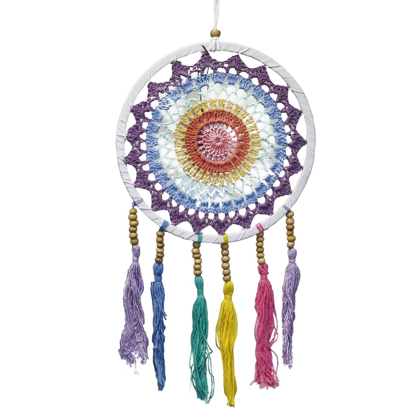 Small Dreamcatcher Pastel Rainbow – handcrafted pastel rainbow dreamcatcher inspired by Balinese payung, ideal for boho bedrooms