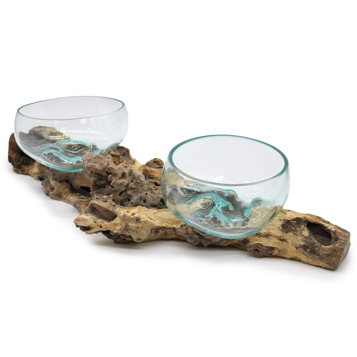 Extra large double molten glass vessels on natural gamal wood stand 70cm statement home décor UK