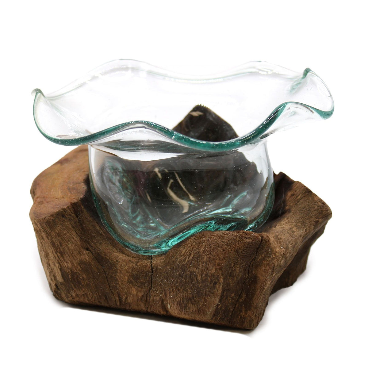 Fancy molten glass sweet bowl on natural gamal wood base for sweets fruit and table styling UK